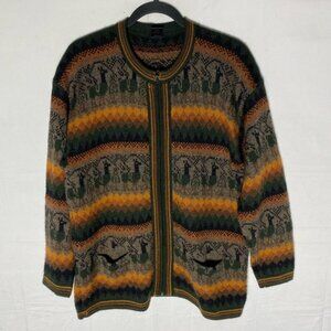 Arcohi’s Green Orange Striped Alpaca Zip Front Crew Neck Cardigan Sweater M
